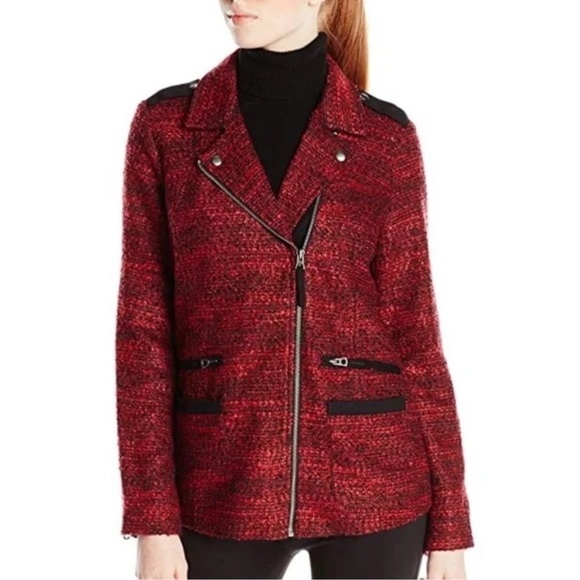 Lucky Brand red and black tweed moto jacket asymmetrical zip closure.‎ Size L - Picture 2 of 16